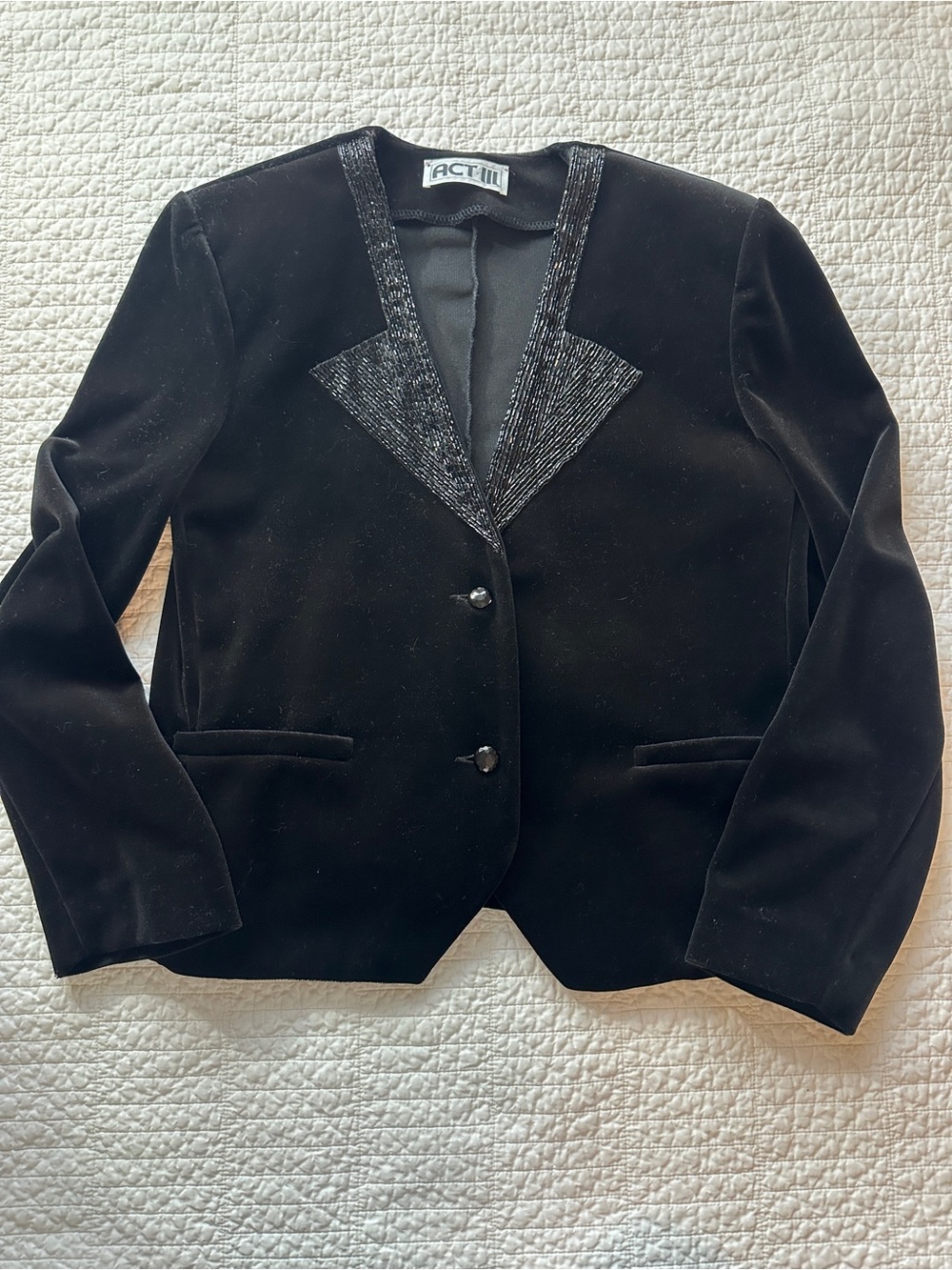 Act III Medium Vintage Velvet Blazer Black Beaded Collar Jacket Union Made